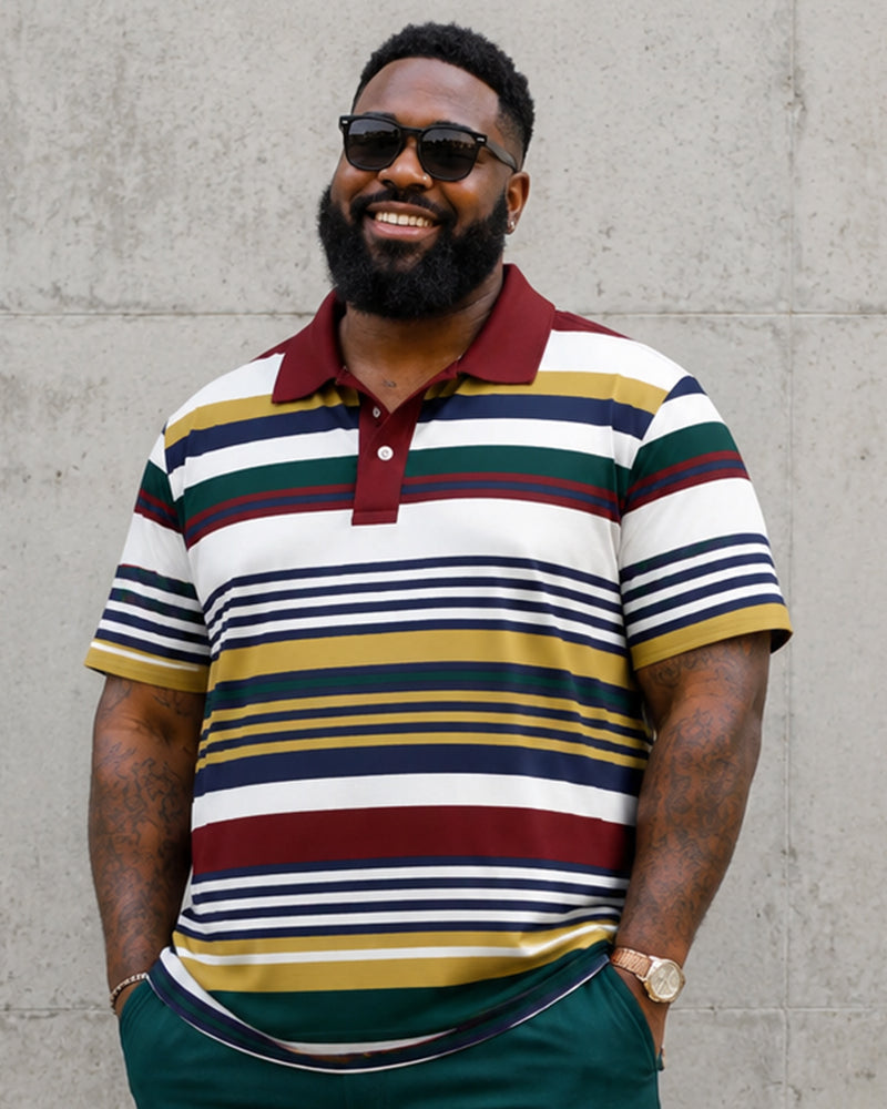 Big & Tall Men’s Retro Multicolor Horizontal Stripe Printed Polo Short-Sleeve Pants Set