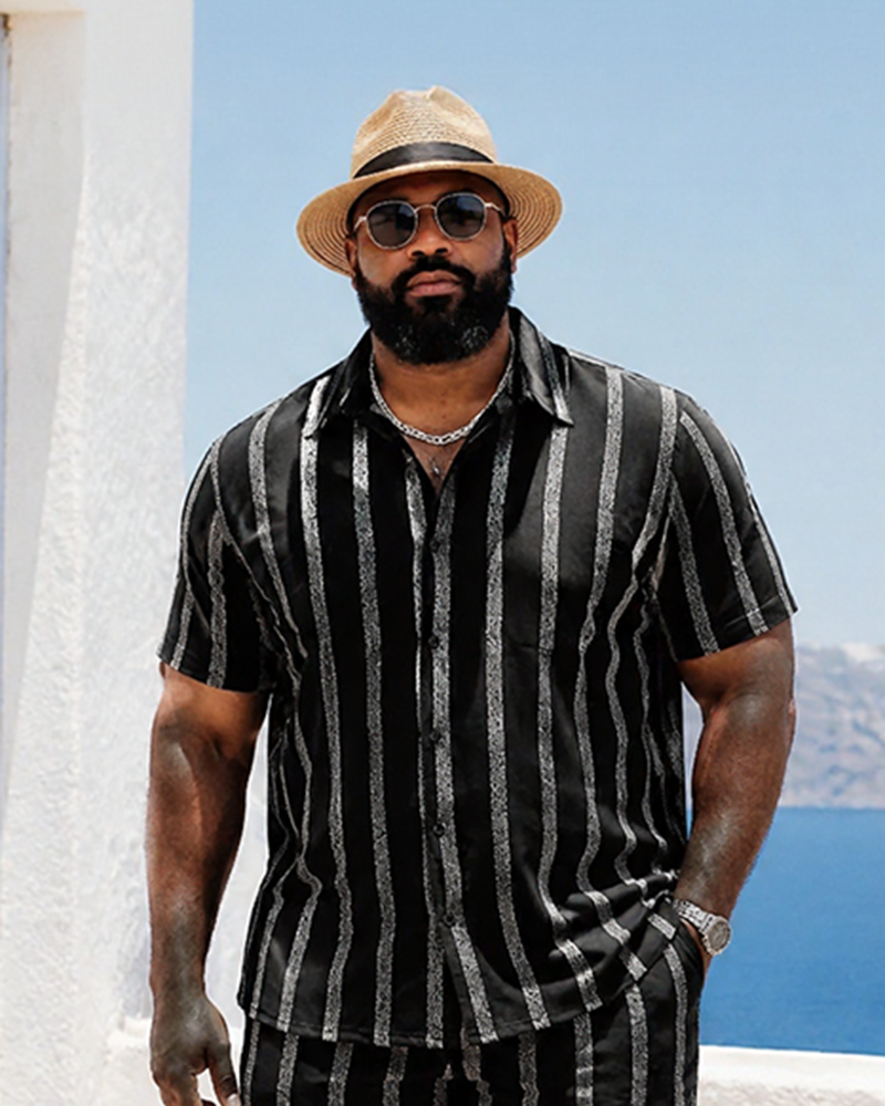 Big & Tall Men's Black Silver Flash Vertical Stripes Printed Short Sleeve Shirt Shorts Set