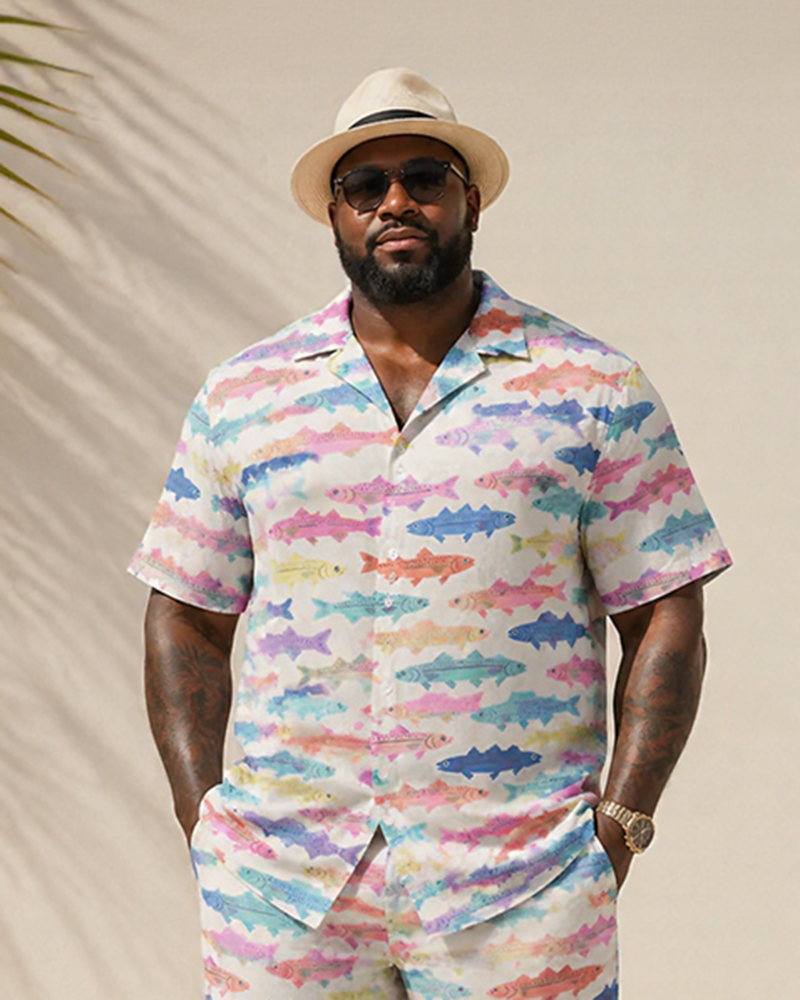 Big & Tall Men's Colorful Small Fish Print Short Sleeve Shirt Shorts Set