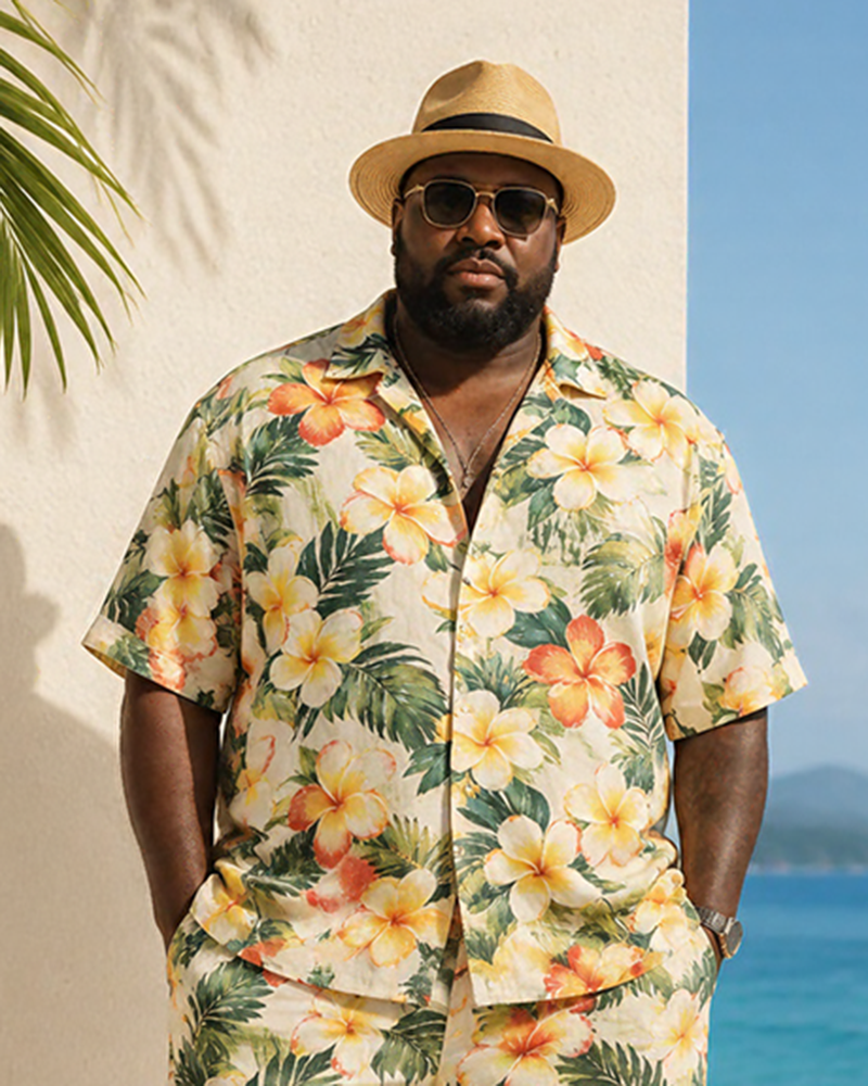 Big & Tall Men's Egg Flower Tropical Floral Print Short Sleeve Shirt Shorts Set