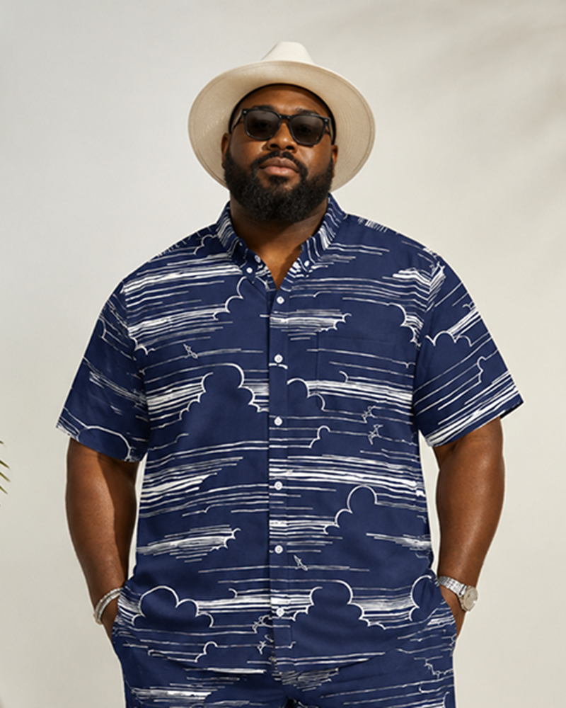 Big & Tall Men's White Cloud Airplane Line Print Short Sleeve Shirt Shorts Set