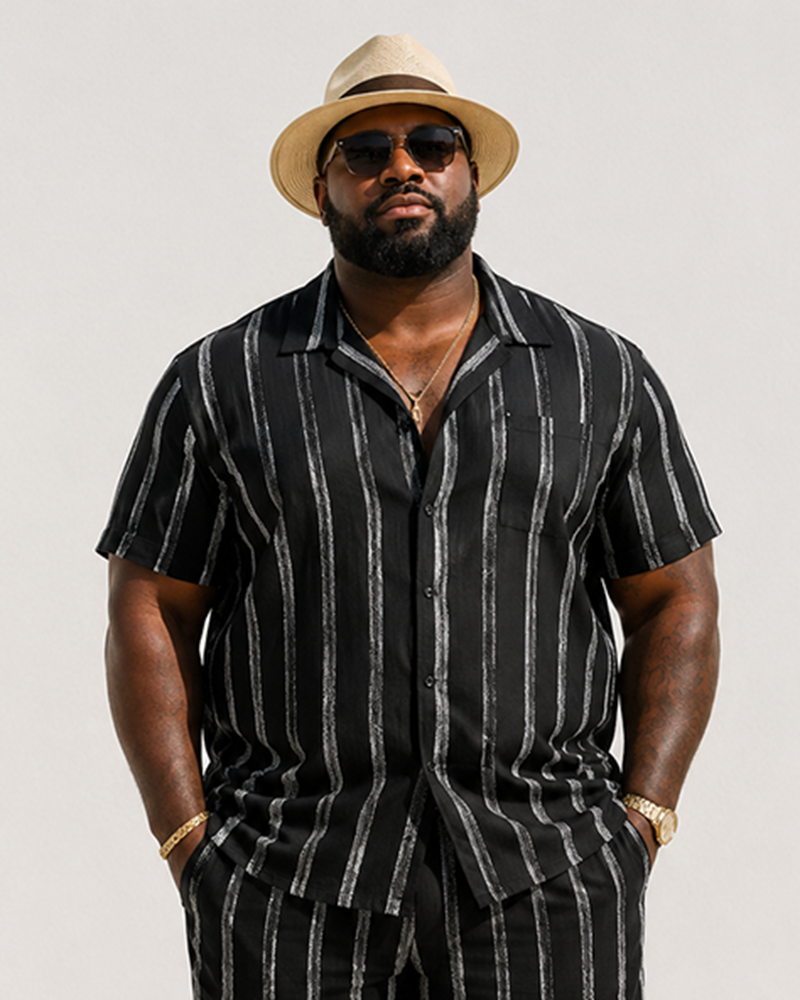 Big & Tall Men's Black Silver Flash Vertical Stripes Printed Short Sleeve Shirt Shorts Set