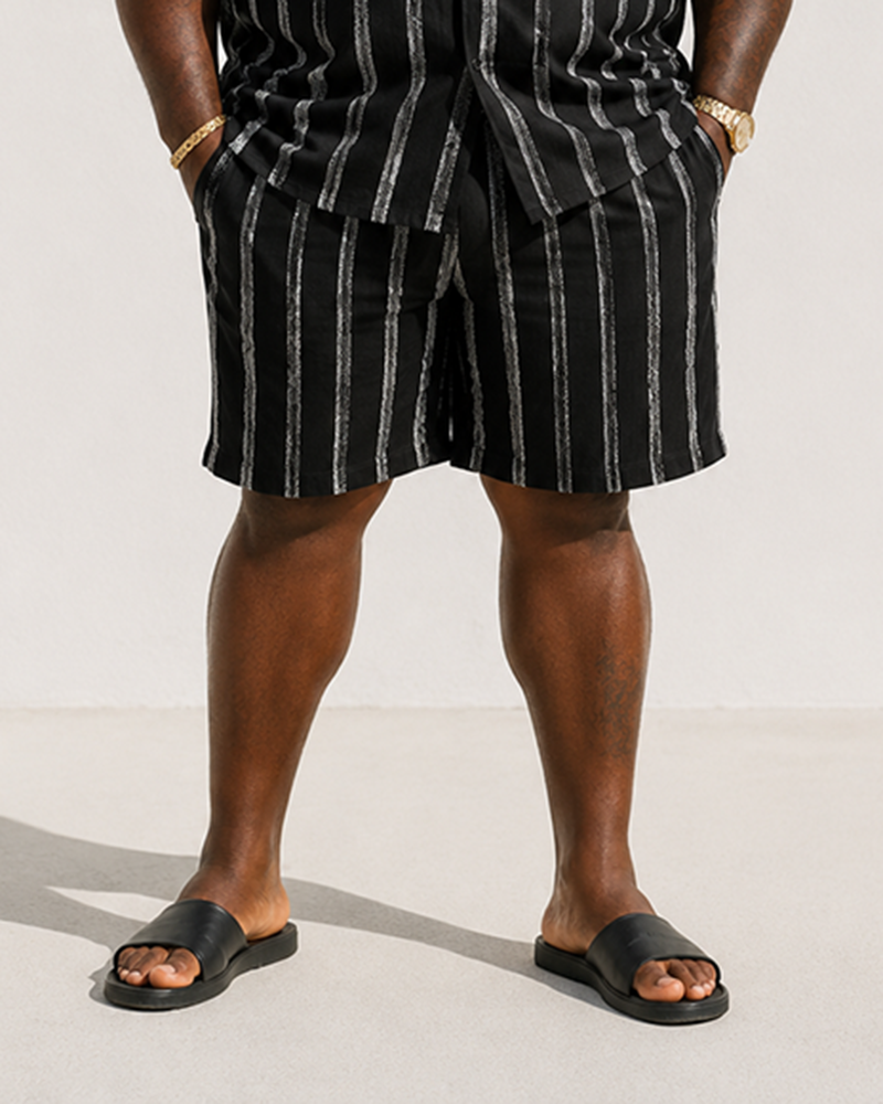 Big & Tall Men's Black Silver Flash Vertical Stripes Printed Short Sleeve Shirt Shorts Set