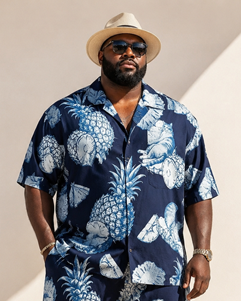 Big & Tall Men's Blues Pineapple Print Short Sleeve Shirt Shorts Set
