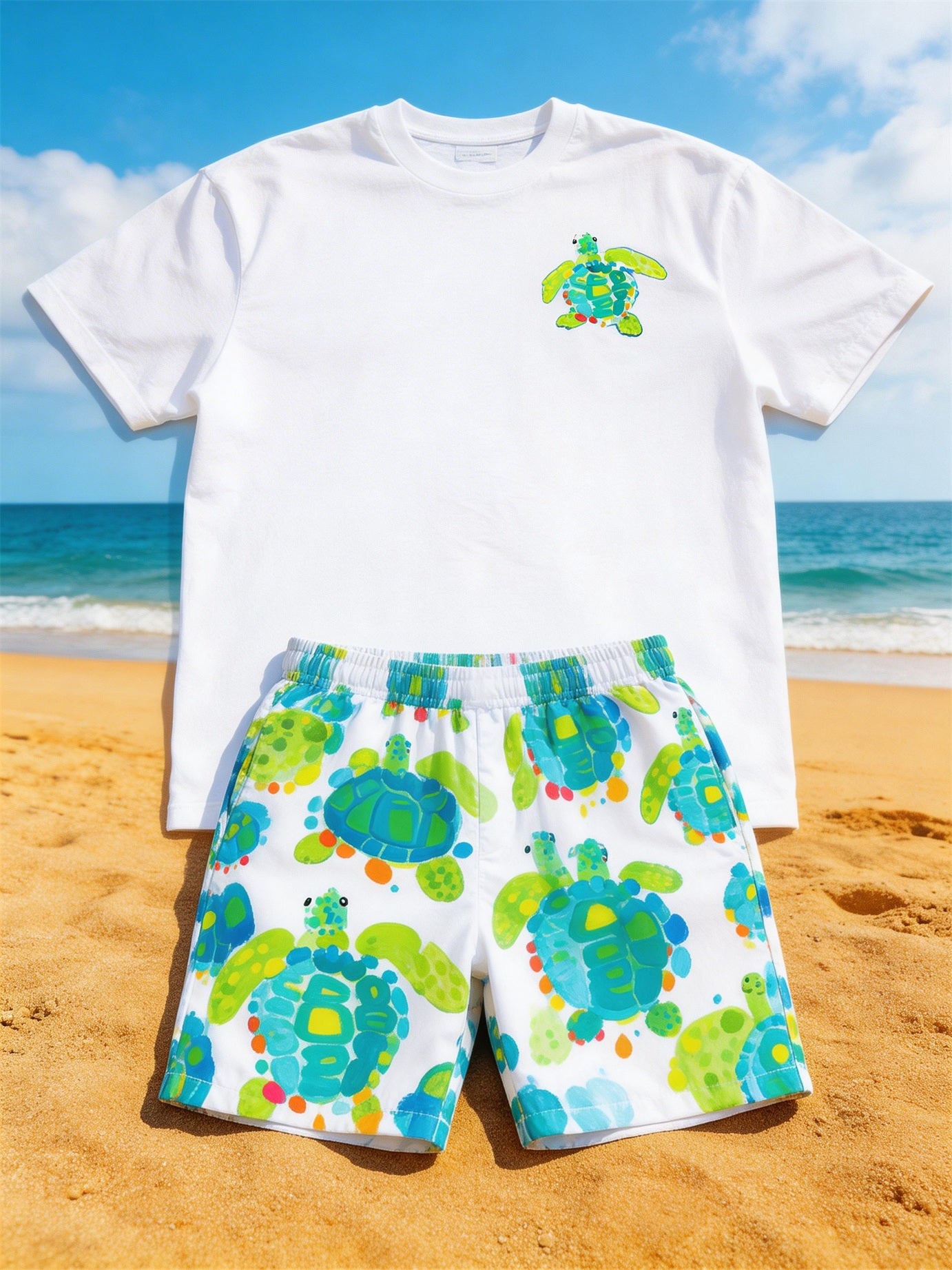 Big & Tall Men's Childish Turtle Print Round Neck Short Sleeve T-Shirt Shorts Set