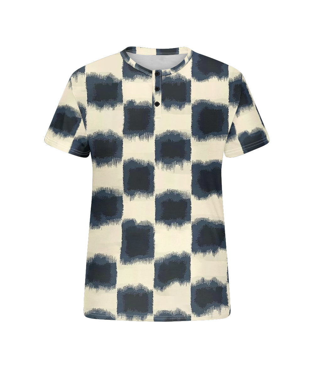 Men's Plus Size Daily Casual Blue Gradient Plaid Print Henry Collar Button Short Sleeve T-Shirt