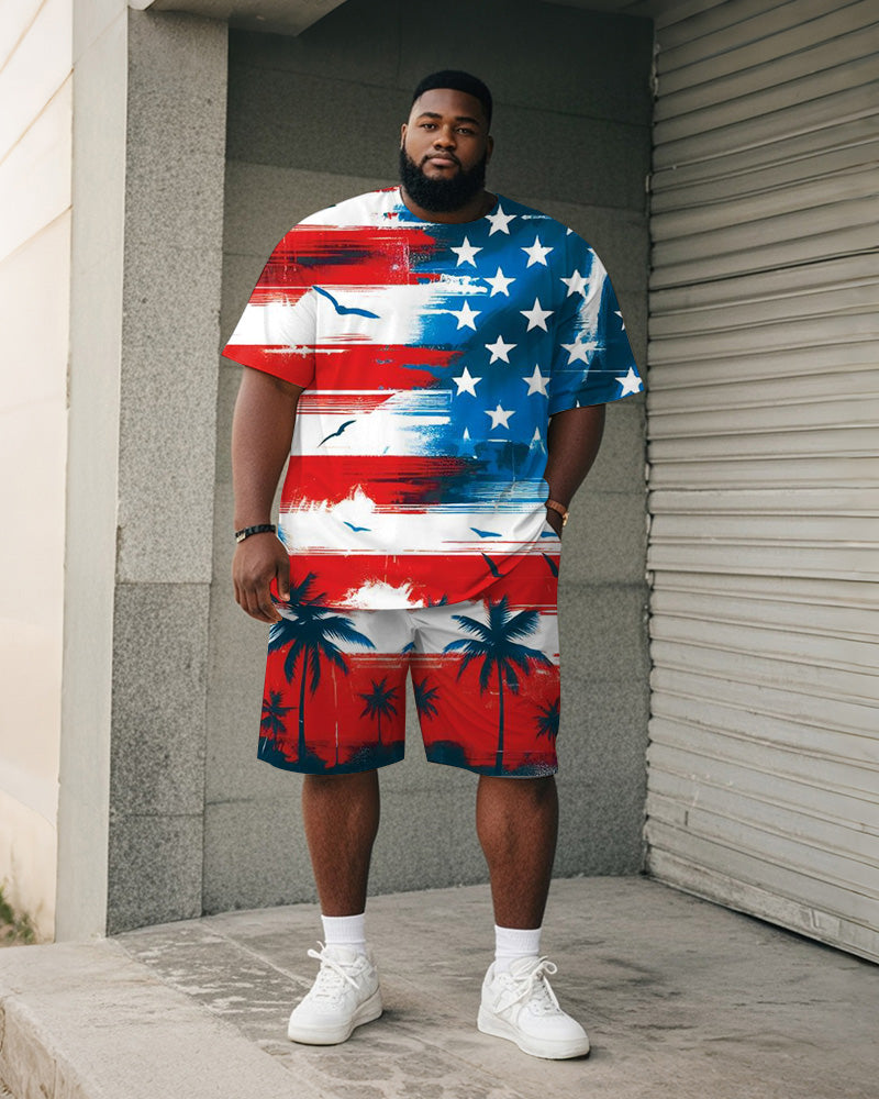 Men's Plus Size Independence Day Flag Coconut Tree Print Round Neck Short Sleeve T-Shirt Shorts Suit