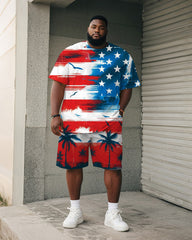 Men's Plus Size Independence Day Flag Coconut Tree Print Round Neck Short Sleeve T-Shirt Shorts Suit