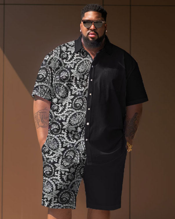 Big Men  Casual Vacation Retro Pattern Short Sleeve Shirt Shorts Set