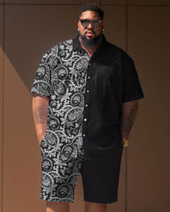 Big Men  Casual Vacation Retro Pattern Short Sleeve Shirt Shorts Set