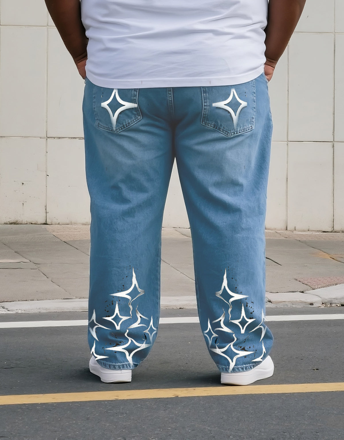 Big & Tall Men's Street Fashion Personality Star Design Printed Denim Pants. Solid Front