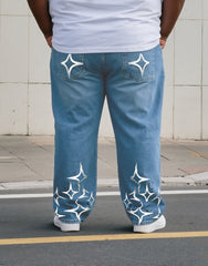 Big & Tall Men's Street Fashion Personality Star Design Printed Denim Pants. Solid Front