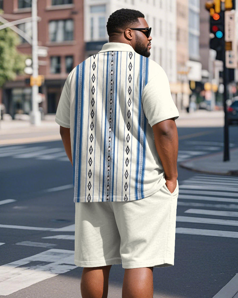 Men's Plus Size Business Apricot Blue Stripe Print Short Sleeve Polo Shirt Shorts Suit