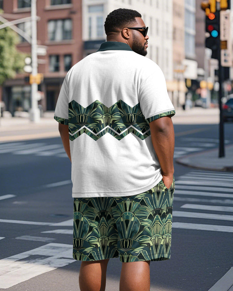 Big & Tall Men's Business Green Colorblock Geometric Print Short Sleeve Polo Shirt Shorts Suit