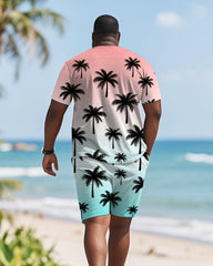 Men's Plus Size Red Blue Coconut Gradient Print Round Neck Short Sleeve T-shirt Shorts Suit
