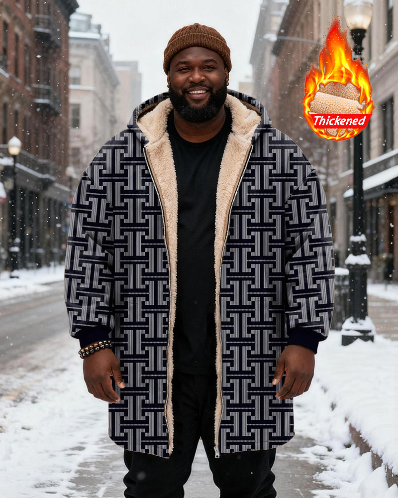 Big & Tall Men's Vintage Geometric Blue Printed Velvet Thickened Long Hooded Coat