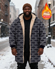 Big & Tall Men's Vintage Geometric Blue Printed Velvet Thickened Long Hooded Coat