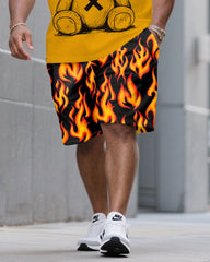 Men's Plus Size Yellow Flame & Bear Print Round Neck Short Sleeve T-Shirt Shorts Suit