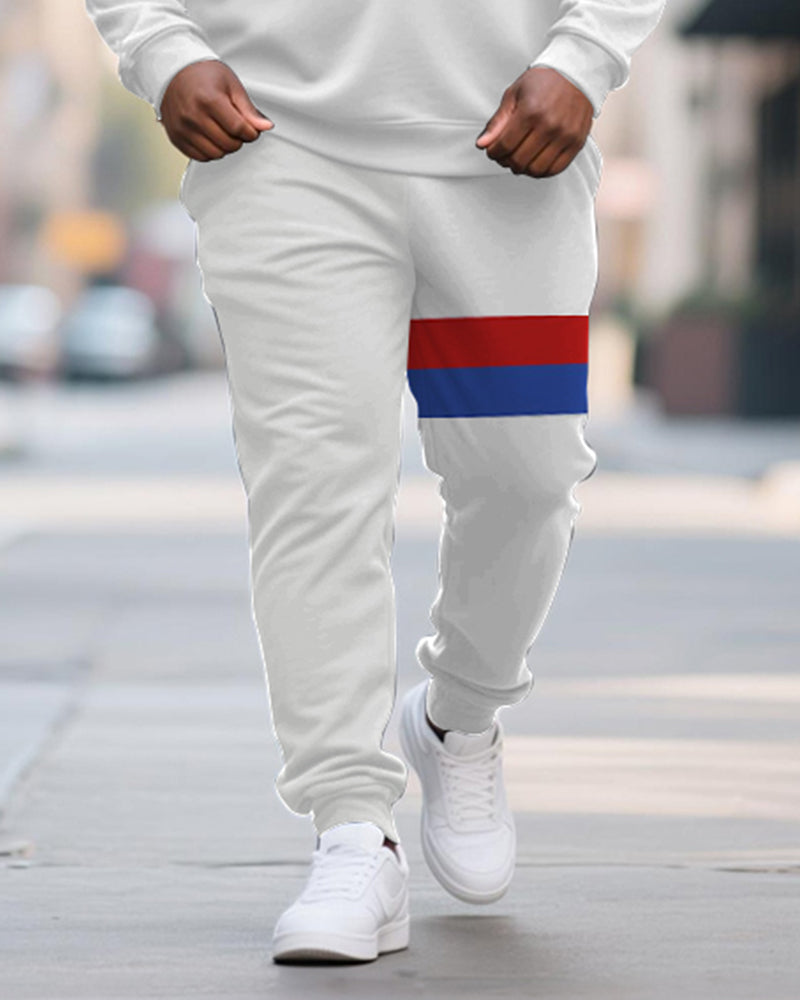 Big & Tall Men's Red And Blue Striped Contrast Printed POLO Collar Zipper Long Sleeve Pants Two-piece Set