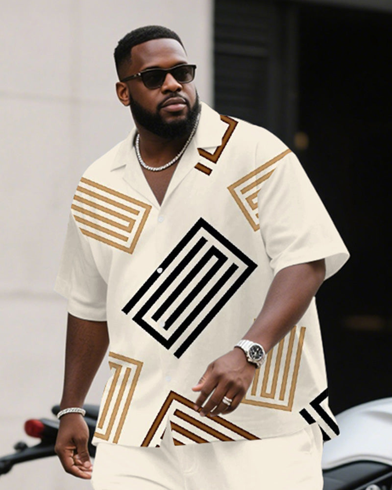 Men's Plus Size Business Apricot Striped Geometric Print Short Sleeve Shirt Trousers Suit