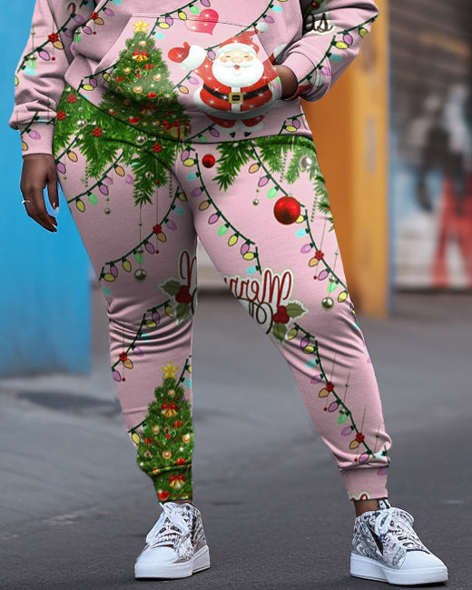 Women's Plus Size Santa Color Lights Hoodie Set Two Piece