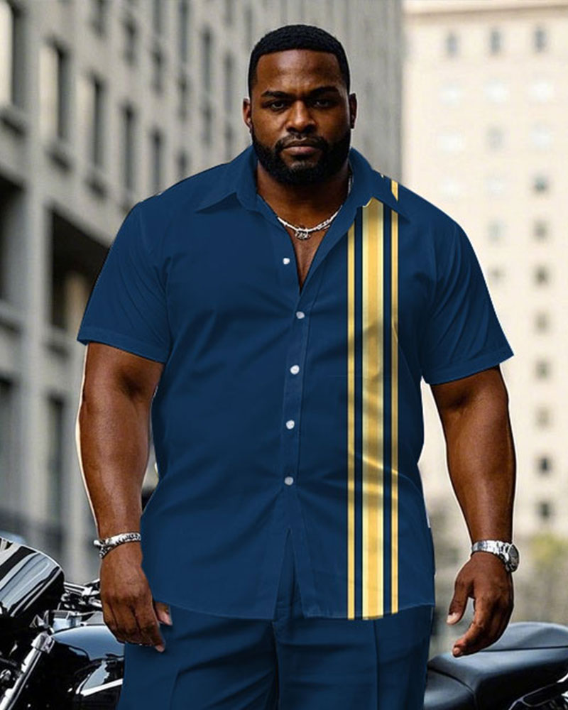 Men's Plus Size Fashion Blue & Yellow Simple Short Sleeve Shirt Pants Suit
