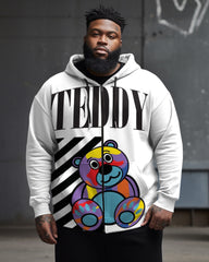 Men's Plus Size White Cute Bear Zipper Hoodie