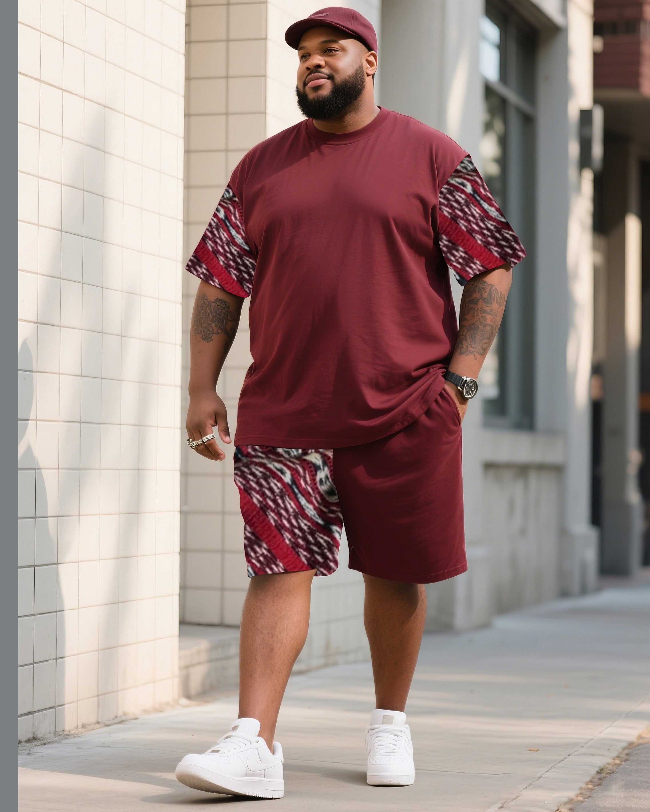 Men's Plus Size Bordeaux Red Creative Striped Print T-shirt Shorts Suit