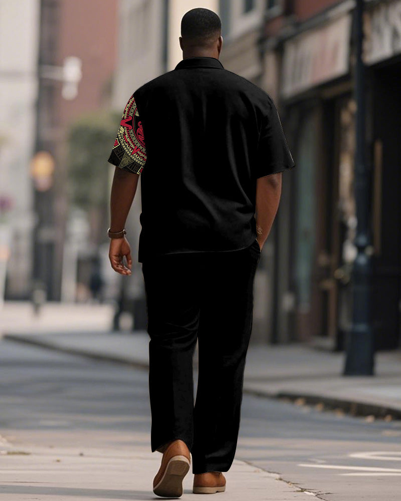 Men's Plus Size Aztec Ethnic Style Printed Short Sleeve Shirt Trousers Suit
