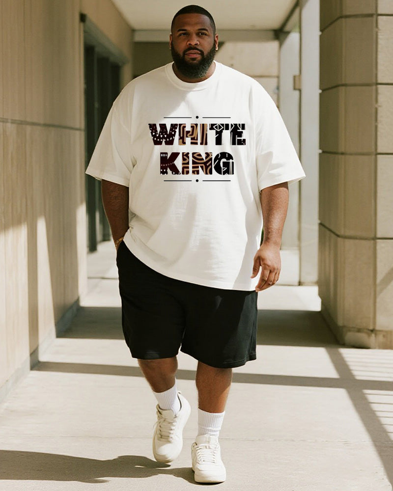 Big & Tall Men's Ethnic Pattern White King Alphabet Print Round Neck Short Sleeve T-Shirt Shorts Suit