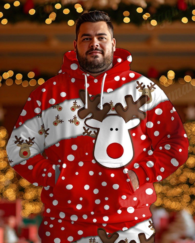 Big and Tall Men's Christmas Red Elk Dot Print Hoodie Set