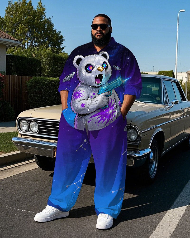 Big & Tall Men's Fashion Starry Sky Bear with Gun Printed Lapel Long Sleeve Shirt Pants Set