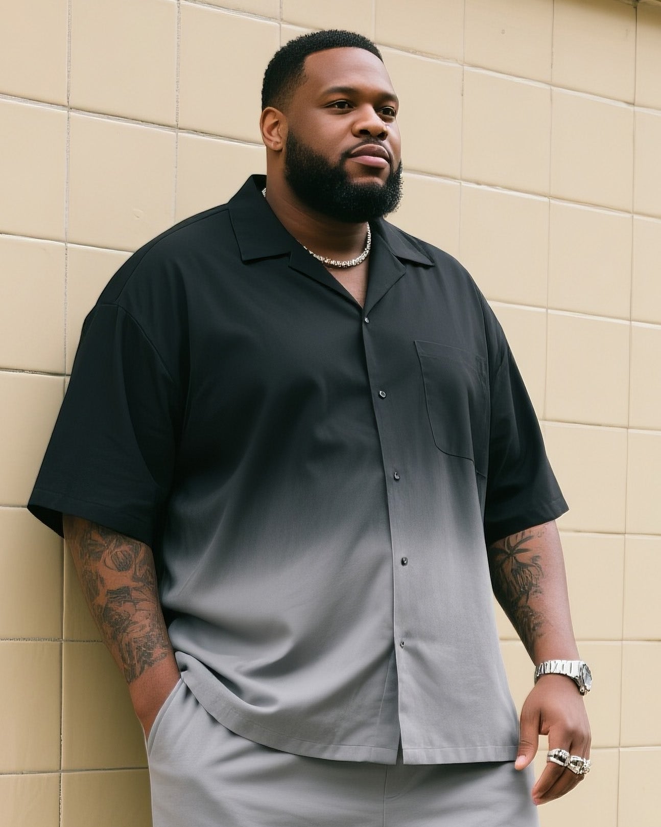 Big Men's Black Gradient Gray Short Sleeve Shirt Shorts Suit