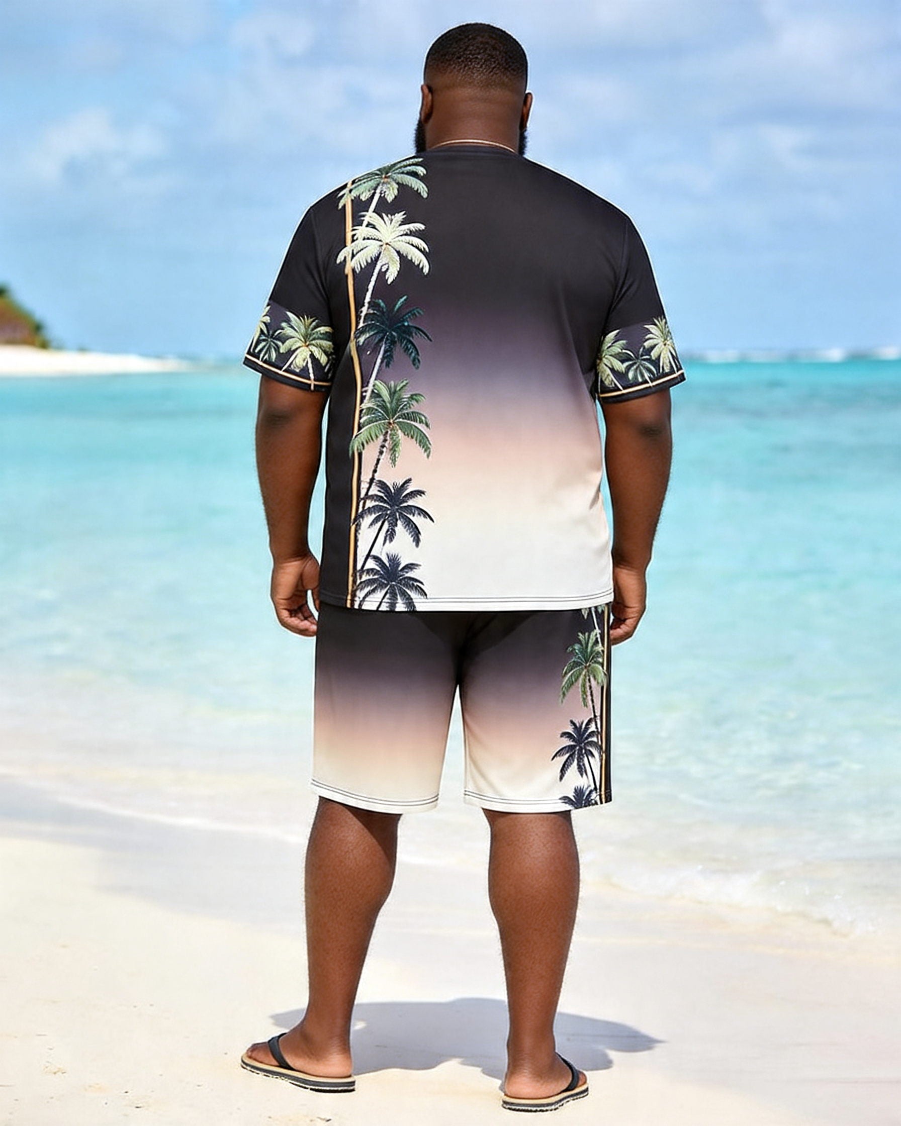 Big & Tall Men's Black Coconut Tree Gradient Print Crewneck Short Sleeve T-Shirt Shorts Set