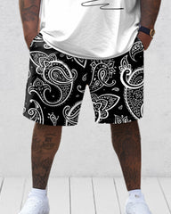 Men's Plus Size Casual Headset Cashew Flower Pattern Printed T-Shirt Shorts Set