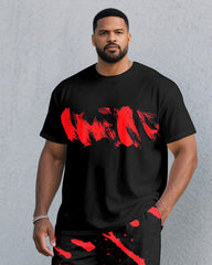 Men's Plus Size Black & Red Ink-throwing Short-sleeved T-shirt Pants Suit