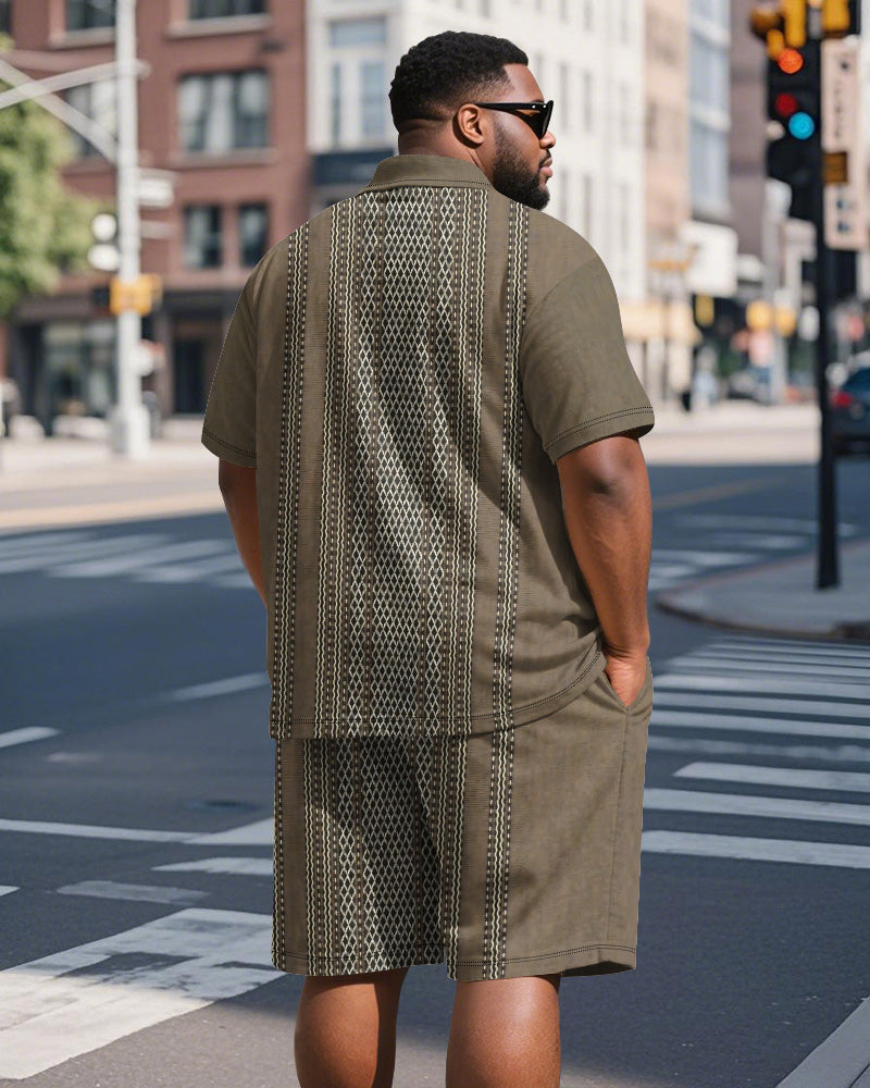 Men's Plus Size Business Brown Striped Print Short Sleeve Polo Shirt Shorts Suit