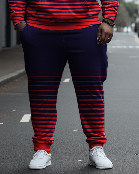 Men's Large Size Horizontal Line Color Block Casual Hoodie And Sweatpants Two-Piece Set