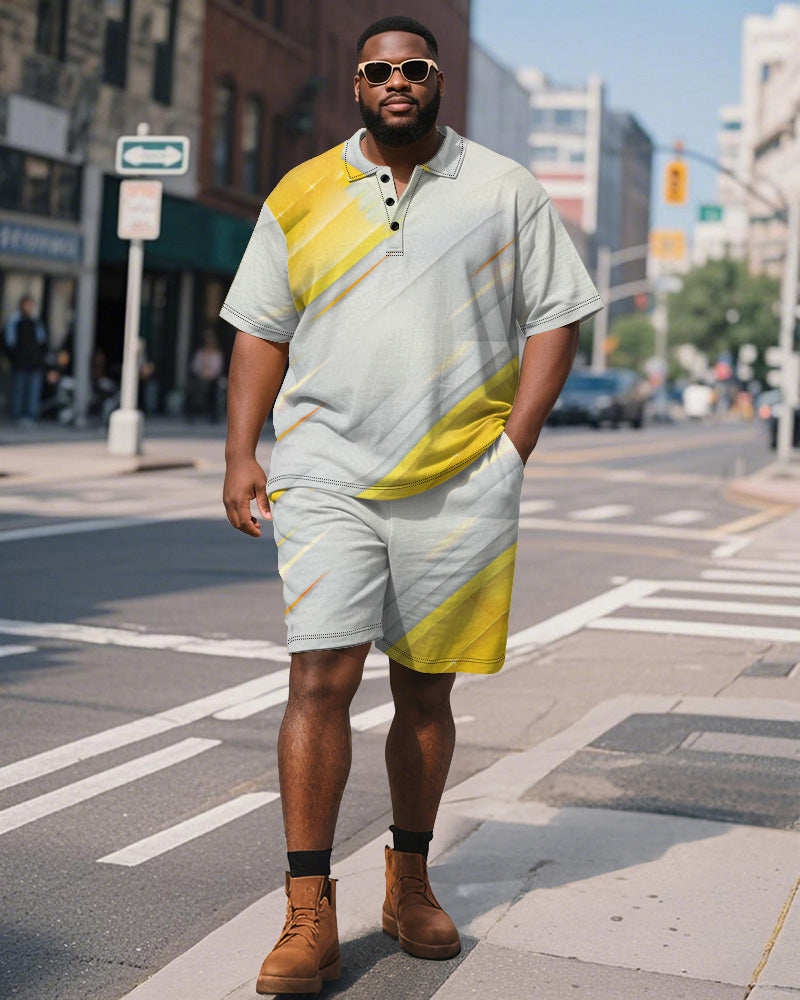 Big & Tall Men's Business Yellow Brush Stroke Line Graffiti Print Short Sleeve Polo Shirt Shorts Suit
