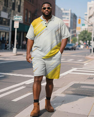 Big & Tall Men's Business Yellow Brush Stroke Line Graffiti Print Short Sleeve Polo Shirt Shorts Suit
