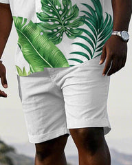 Men's Plus Size Hawaiian Large Leaf Positioning Print Short Sleeve Shirt Shorts Suit