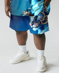 Men's Plus Size Street Blue Leopard Letter Print Short Sleeve T-Shirt Shorts Suit