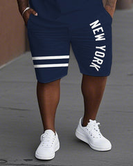 Men's Plus Size Old School New York Lettering Stripes Short Sleeve T-Shirt Shorts Suit