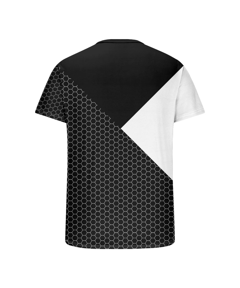 Men's Plus Size Daily Casual Black And White Patchwork Geometric Print Henry Collar Button Short Sleeve T-Shirt