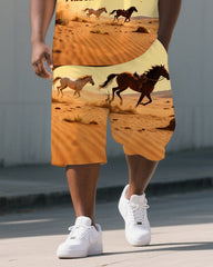 Big Men's I'LL CHARGE AHEAD Running Horse Printed Casual Short Sleeve Polo Shirt Shorts Set