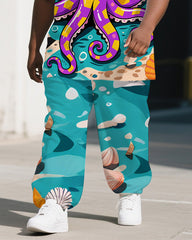 Big Guy's Animal World Octopus & Stripe Printed Casual Short Sleeve T-shirt Pants 2-Piece Set