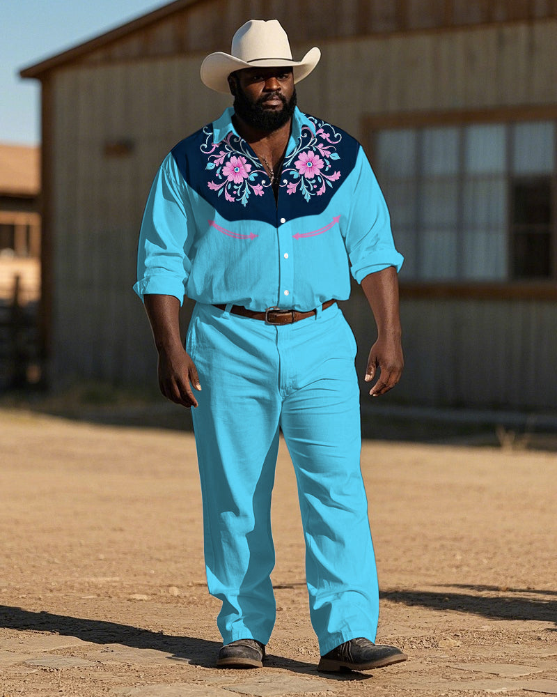 Big Men's Cowboy Western Style Retro Flower Pattern Printed Long Sleeve Shirt Pants Set