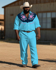 Big Men's Cowboy Western Style Retro Flower Pattern Printed Long Sleeve Shirt Pants Set