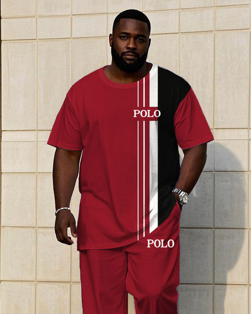 Men's Plus Size Classic Red And Black Color Chest Small Label Printed Short Sleeve T-shirt Trousers Suit