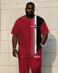 Men's Plus Size Classic Red And Black Color Chest Small Label Printed Short Sleeve T-shirt Trousers Suit